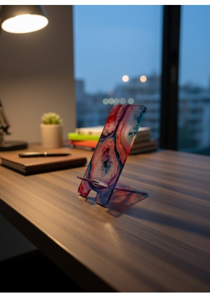 Pleksi Telefon Standı ve Telefon Tutucu Premium Pembe Mavili Epoksi Baskı Tasarım fiyatları