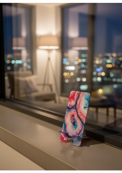 Pleksi Telefon Standı ve Telefon Tutucu Premium Pembe Mavili Epoksi Baskı Tasarım modelleri