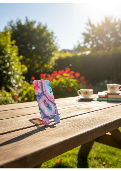 Pleksi Telefon Standı ve Telefon Tutucu Premium Pembe Mavili Epoksi Baskı Tasarım fırsatları