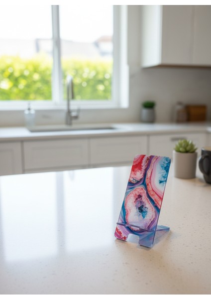 Pleksi Telefon Standı ve Telefon Tutucu Premium Pembe Mavili Epoksi Baskı Tasarım indirimleri