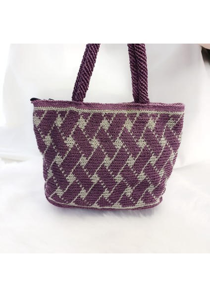 El Örgüsü Kağıt Ip Kadın Çanta Çift Renk Desenli Kadın Kol Çantası