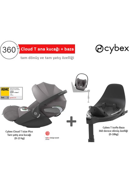 Cloud T Isize Plus ve T Baza (Adac Ödüllü Tam Yatışlı 360 Derece Dönüşlü Puset Ana Kucağı 0-13 Kg)