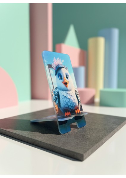 Pleksi Telefon Standı ve Telefon Tutucu Premium Sevimli Kuş Epoksi Baskı Tasarım