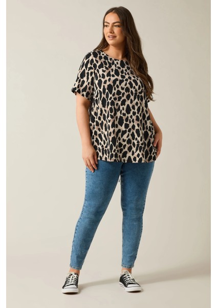 Büyük Beden Kısa Kollu Bisiklet Yaka Leopar Desenli Bluz 616006 fiyatları