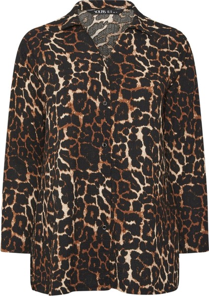 Büyük Beden Uzun Kollu Önü Düğmeli Leopar Desenli Gömlek 322258