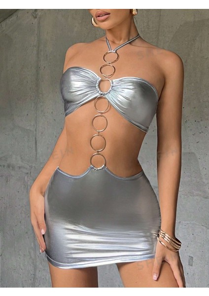 Metal Halkalı Deri Görünümlü Mini Elbise