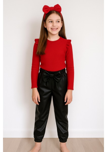 Kız Çocuk, Siyah Likralı Deri Fiyonk Detaylı Pantolon, Kırmızı Omuzu Fırfırlı Badi ve Kırmızı Saç Bandı Takımı. 3 Parça Set