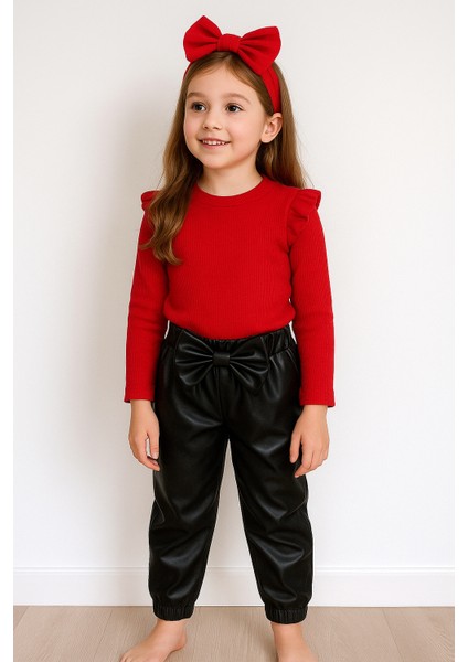 Kız Çocuk, Siyah Likralı Deri Fiyonk Detaylı Pantolon, Kırmızı Omuzu Fırfırlı Badi ve Kırmızı Saç Bandı Takımı. 3 Parça Set fiyatları