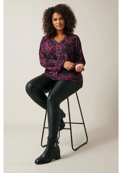 Büyük Beden V Yaka Uzun Kollu Taş Detaylı Desenli Bluz 615713 fiyatları