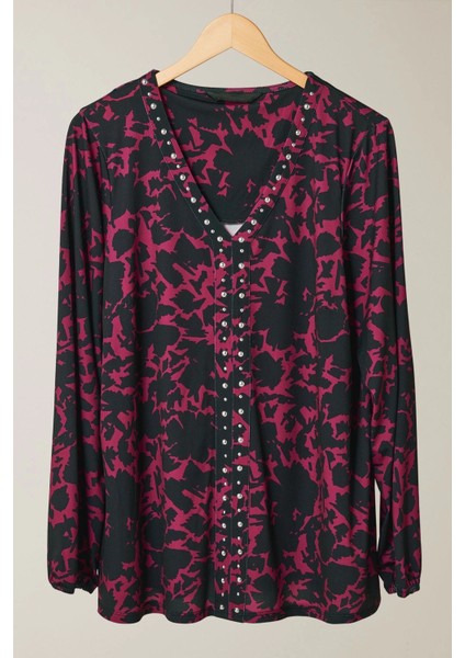 Büyük Beden V Yaka Uzun Kollu Taş Detaylı Desenli Bluz 615713 indirimleri