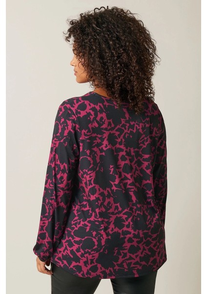 Büyük Beden V Yaka Uzun Kollu Taş Detaylı Desenli Bluz 615713