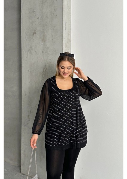 Büyük Beden Uzun Tül Kol Önü Taş Işlemeli Bisiklet Yaka Bluz 321831-U