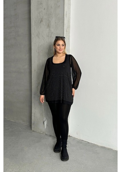 Büyük Beden Uzun Tül Kol Önü Taş Işlemeli Bisiklet Yaka Bluz 321831-U fırsatları