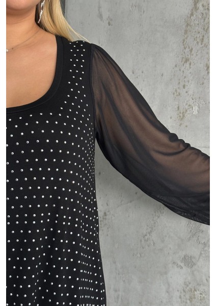 Büyük Beden Uzun Tül Kol Önü Taş Işlemeli Bisiklet Yaka Bluz 321831-U indirimleri