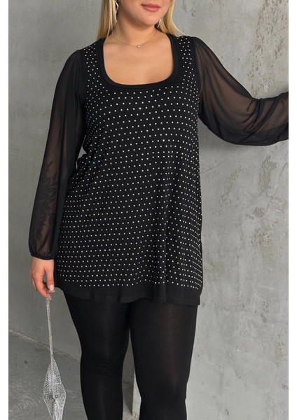 Büyük Beden Uzun Tül Kol Önü Taş Işlemeli Bisiklet Yaka Bluz 321831-U