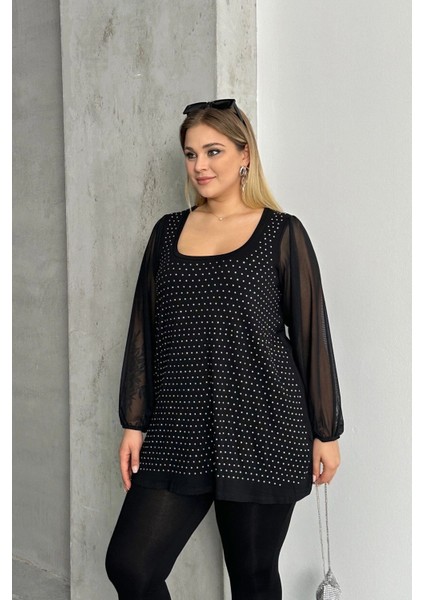 Büyük Beden Uzun Tül Kol Önü Taş Işlemeli Bisiklet Yaka Bluz 321831-U