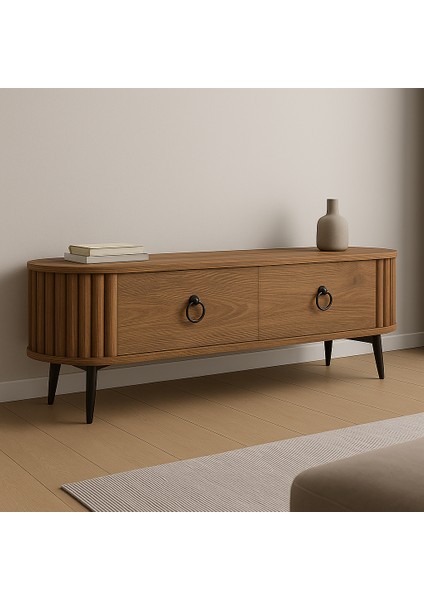 Linea 180 Lik Ovalli Çıtalı 2 Kapaklı Tv Ünitesi – Ceviz Detaylı, 180 Cm, Duvara Monte Edilebilir