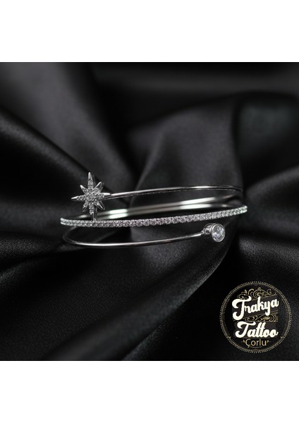 Zirkon Taşlı Su Yolu ve Kuzey Yıldızı Kadın Çelik Kelepçe Bileklik Paslanmaz