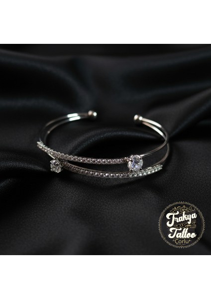 Zirkon Taşlı Su Yolu 2 Sıra Kadın Çelik Kelepçe Bileklik Paslanmaz