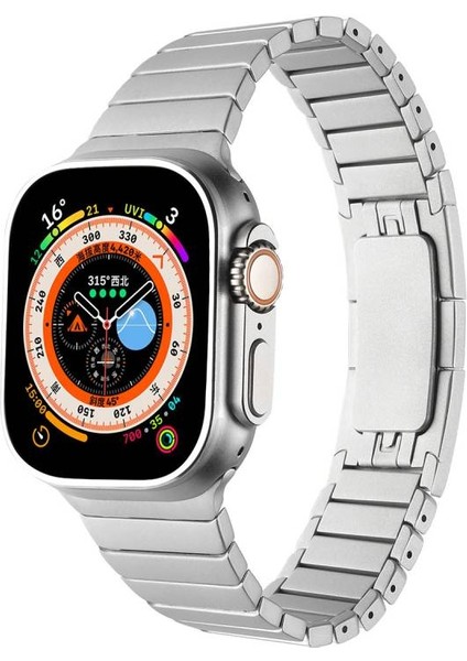 Apple Watch Se 2 (44MM) Uyumlu Parçalı Çizgi Tasarımlı Metal Kordon-35 Gümüş