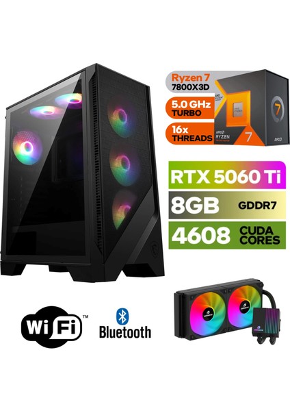 Şafak-Gaming Pc Ddr5-Rtx 5060Tİ 8gb -Ryzen 7 7800XD – 64 GB Ddr5 Ram – 1 Tb M.2 SSD 5000 4000 – 240MM Sıvı Sogutma -Windows 11 Pro-