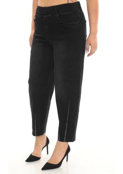 Büyük Beden Kadın Mom Fit Paçası Taşlı Yüksek Bel Beli Lastikli Ekstra Battal Pantolon