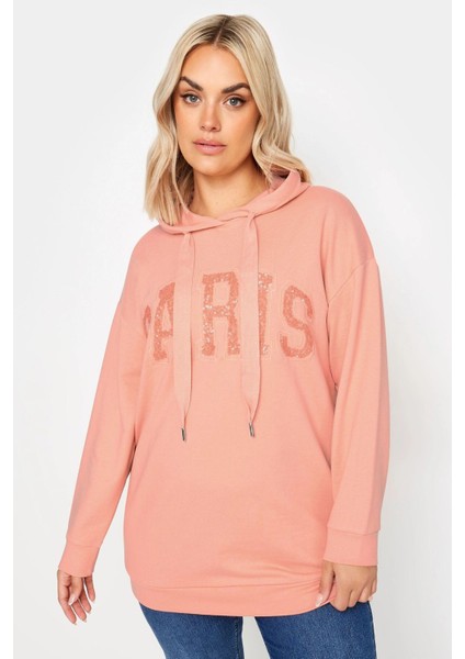 Büyük Beden Payetli Uzun Kollu Bağcıklı Kapüşonlu Sweatshirt 303234