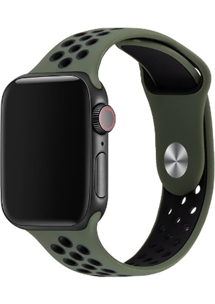 Apple Watch 11 (46MM) Uyumlu Delikli Silikon Kordon-02 Koyu Yeşil-Siyah