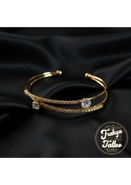 Zirkon Taşlı Su Yolu 2 Sıra Kadın Çelik Kelepçe Bileklik Paslanmaz