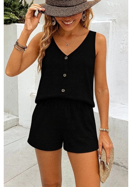 Mdb Kadın Askılı Kolsuz V Yakalı Önden Düğmeli Bürümcük Bluz ve Short Ikili Takım