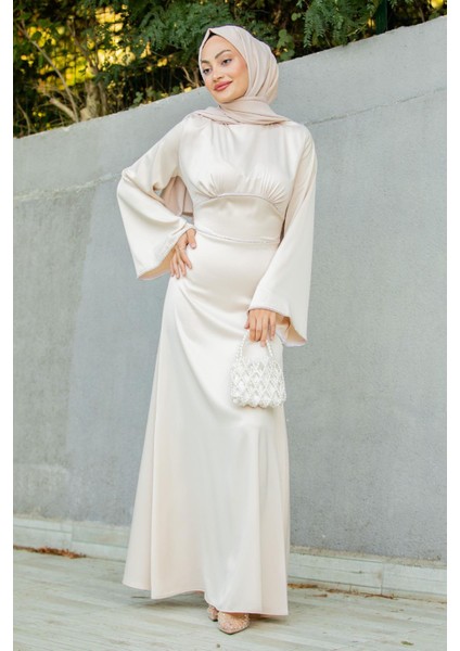 Kol ve Bel Taş Detaylı Saten Abiye-Bej