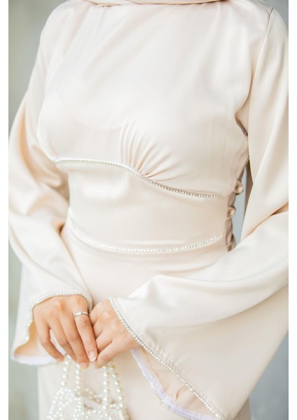 Kol ve Bel Taş Detaylı Saten Abiye-Bej fiyatları