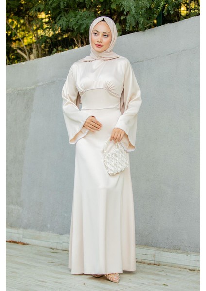 Kol ve Bel Taş Detaylı Saten Abiye-Bej modelleri