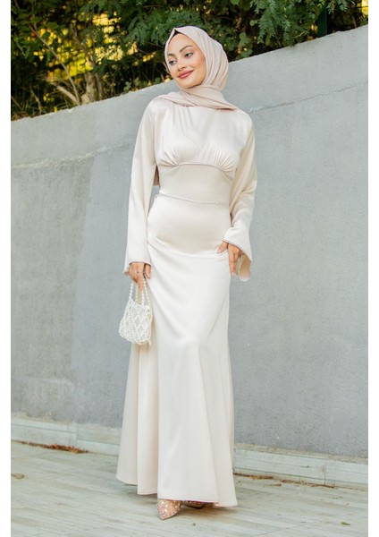 Kol ve Bel Taş Detaylı Saten Abiye-Bej fırsatları