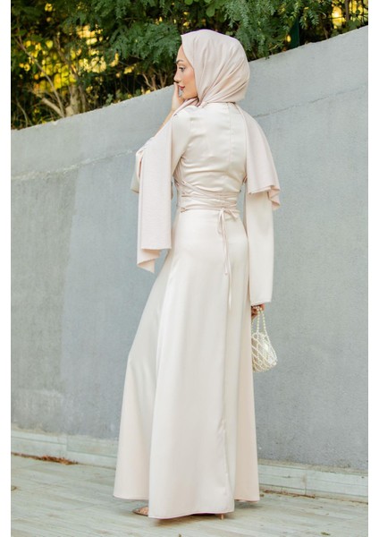 Kol ve Bel Taş Detaylı Saten Abiye-Bej indirimleri