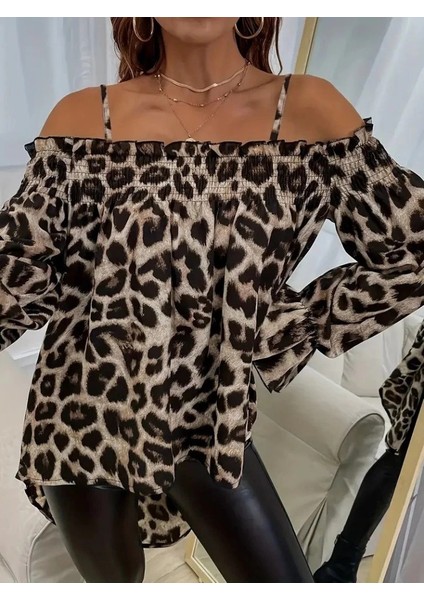 Mdb Kadın Ip Askılı Omuzlardan Açık Leopar Desenli Asimetrik Kesim Süprem Bluz fiyatları