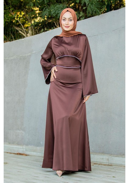 Kol ve Bel Taş Detaylı Saten Abiye-Kahve