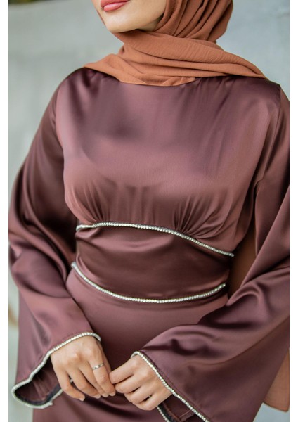 Kol ve Bel Taş Detaylı Saten Abiye-Kahve fiyatları