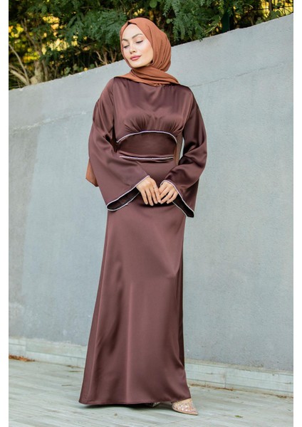 Kol ve Bel Taş Detaylı Saten Abiye-Kahve modelleri