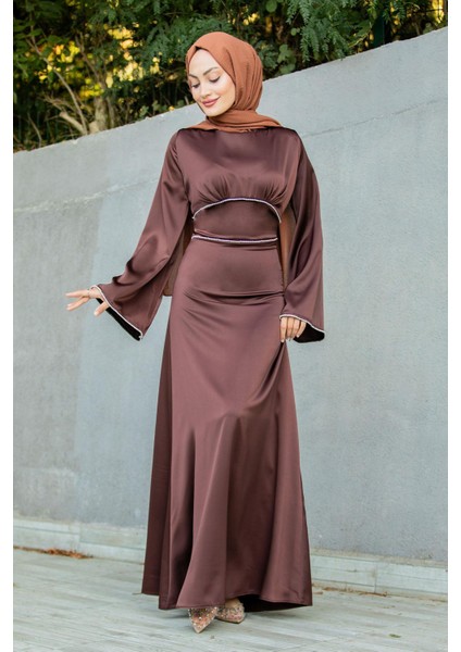 Kol ve Bel Taş Detaylı Saten Abiye-Kahve fırsatları