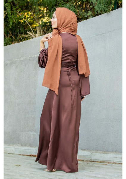 Kol ve Bel Taş Detaylı Saten Abiye-Kahve indirimleri