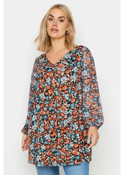 Büyük Beden Uzun Kolları Tül Detaylı Pileli V Yaka Bluz 303116