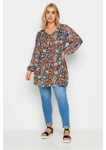 Büyük Beden Uzun Kolları Tül Detaylı Pileli V Yaka Bluz 303116 fiyatları