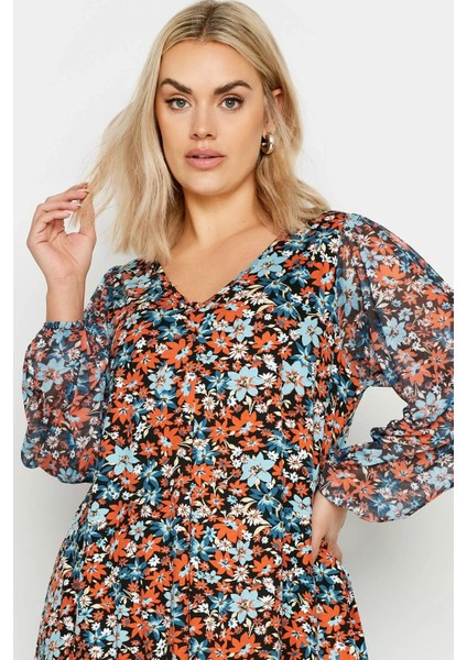 Büyük Beden Uzun Kolları Tül Detaylı Pileli V Yaka Bluz 303116 fırsatları