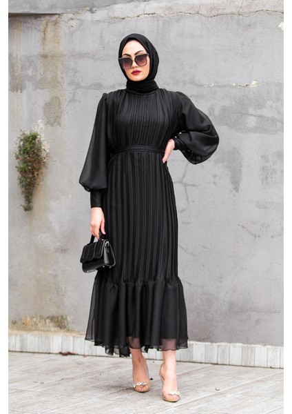 Mindy Drapeli Özel Gün Elbisesi-Siyah