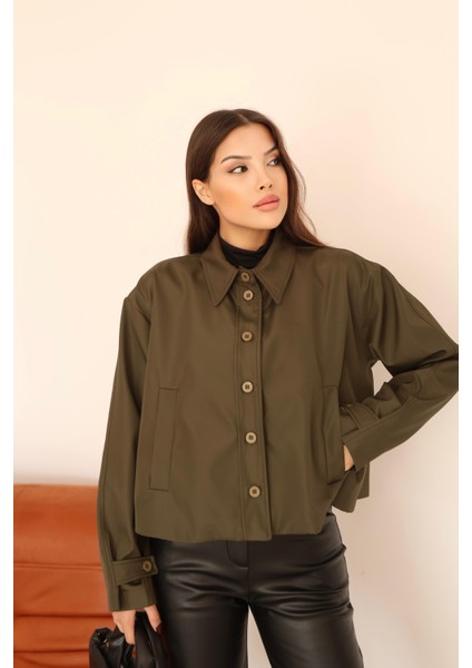Kadın Haki Kısa Oversize Trençkot