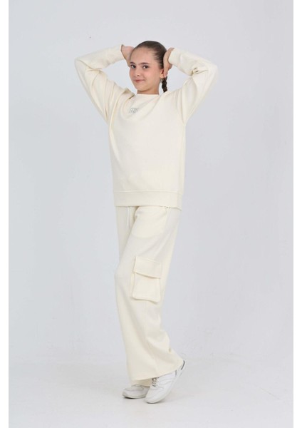 Kız Çocuk Double Face Kumaş Kargo Cepli ve Geniş Paçalı Alt-Üst Takım 12294