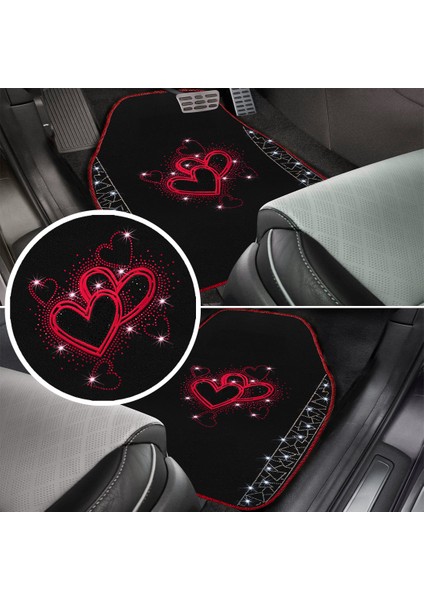 Romantik Kalp Desenli Kadınlara Özel Taşlı Lüks Oto Paspas Takımı – Kırmızı Nakışlı Lüks Araç Paspas