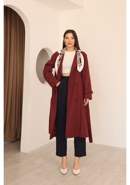 Kadın Bordo Fular Detaylı Kuşaklı Uzun Trençkot