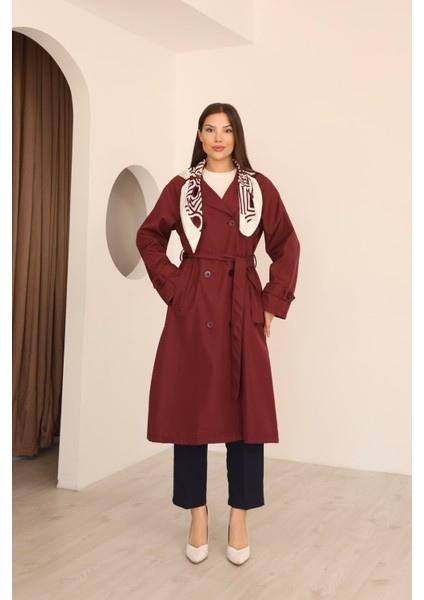Kadın Bordo Fular Detaylı Kuşaklı Uzun Trençkot fiyatları